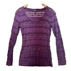 Express Womens Y2K Sheer Long Sleeves Top Size S Purple Lace Scoop Neck Retro